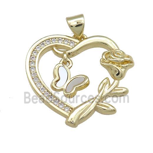 Copper Heart Pendant Pave Shell Zircon Butterfly 18K Gold Plated