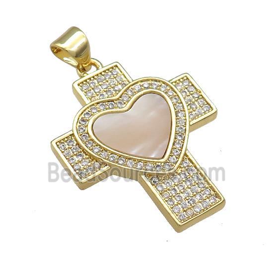 Copper Cross Pendant Pave Shell Zircon Heart 18K Gold Plated