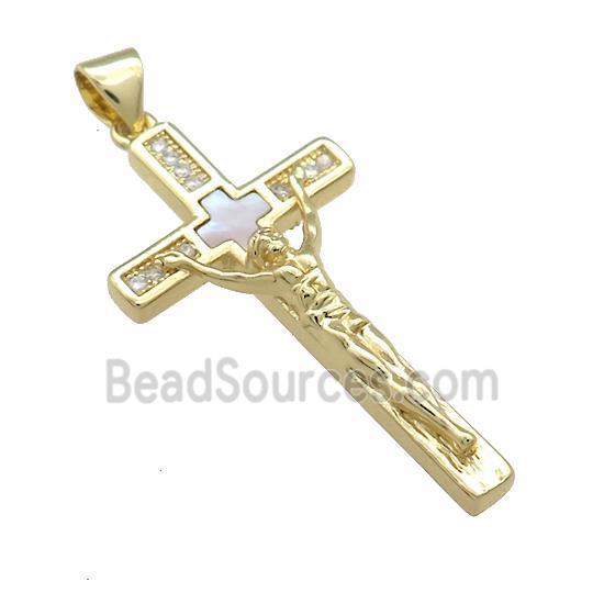 Copper Jesus Crucifix Cross Pendant Pave Shell Zircon Religious 18K Gold Plated