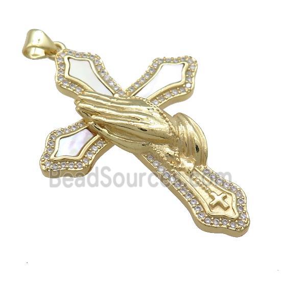 Copper Cross Pendant Pave Shell Zircon Religious Prayer 18K Gold Plated