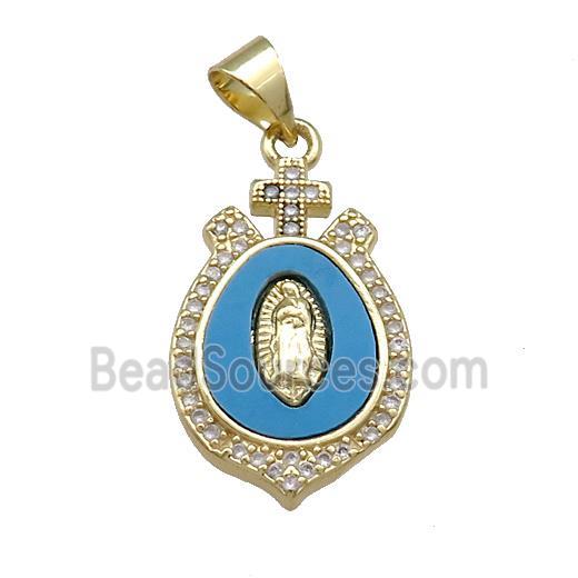 Virgin Mary Charms Copper Pendant Pave Blue Shell Zircon 18K Gold Plated