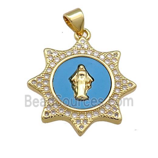 Jesus Charms Copper Pendant Pave Blue Shell Zircon 18K Gold Plated