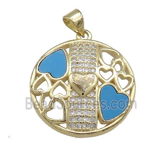 Copper Heart Pendant Pave Blue Shell Zircon Circle 18K Gold Plated