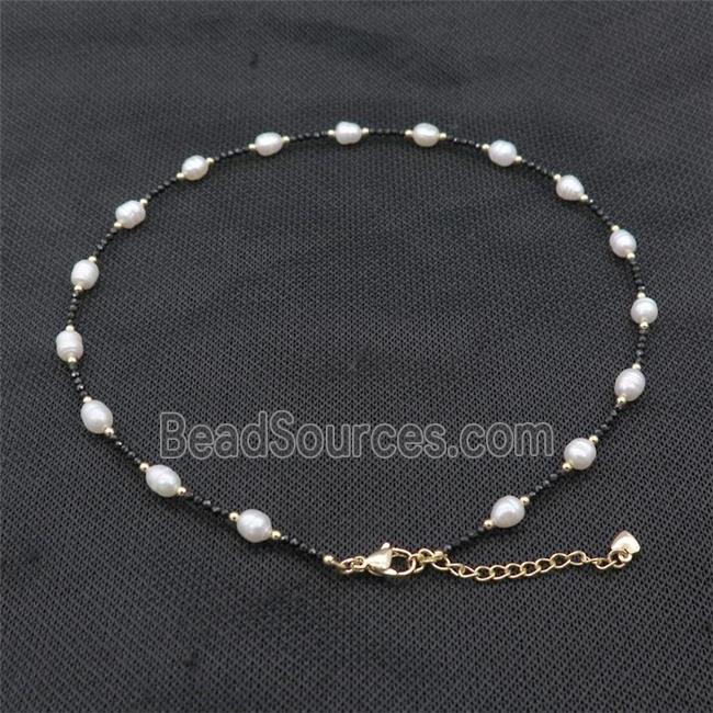 White Pearl Necklace With Black Spinel