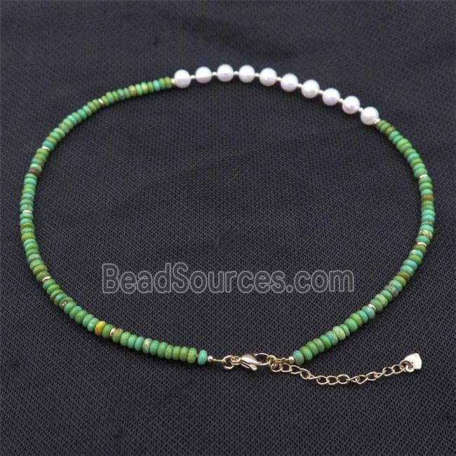 White Pearl Necklace With Green Magnesite Turquoise