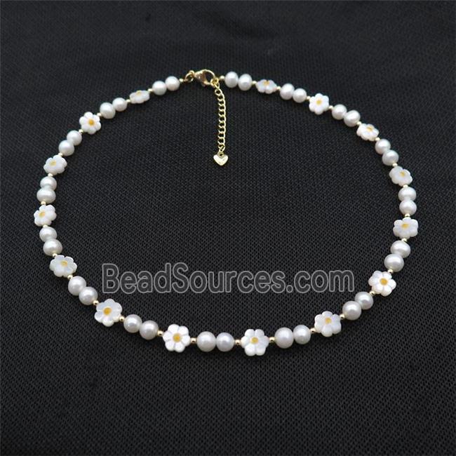 White Pearl Necklace With MOP Shell Flower