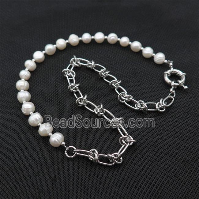 White Pearl Necklace With Copper Chain Platinum Plated