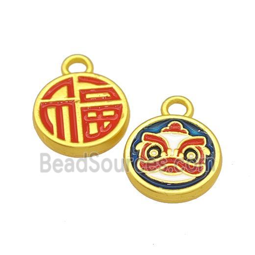 Alloy Circle Pendant Dancing Lion Fu Lucky Painted Matte Gold Plated