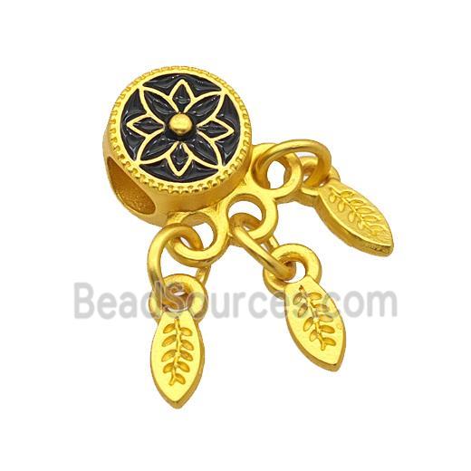 Alloy Coin Beads Black Painted Flower Leaf Tassel Large Hole Matte Gold Plated