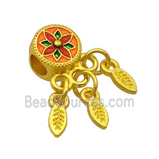 Alloy Coin Beads Multicolor Painted Flower Leaf Tassel Large Hole Matte Gold Plated