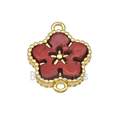 Copper Flower Connector Pave Red Resin Gold Plated