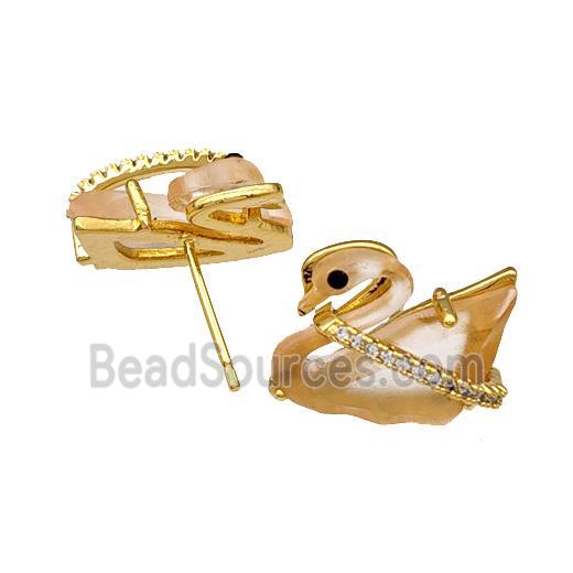 Copper Swan Stud Earrings Pave Acrylic Zirconia Gold Plated