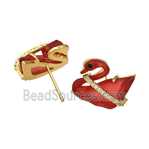 Copper Swan Stud Earrings Pave Red Acrylic Zirconia Gold Plated