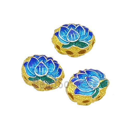 Copper Lotus Beads Blue Painted Gold Plated