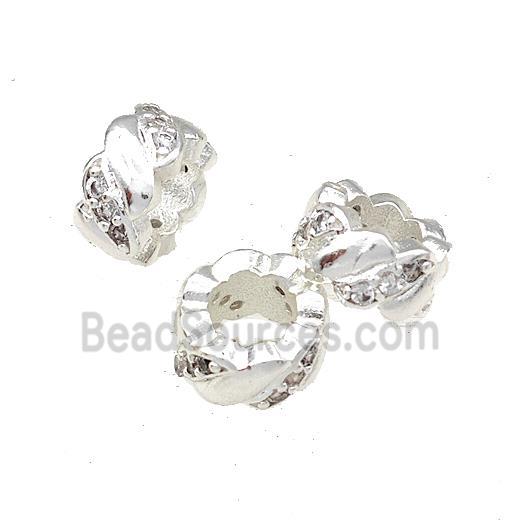 Copper Rondelle Beads Pave Zircon Large Hole Shiny Silver Plated