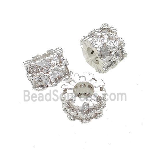 Copper Rondelle Beads Pave Zircon Large Hole Shiny Silver Plated