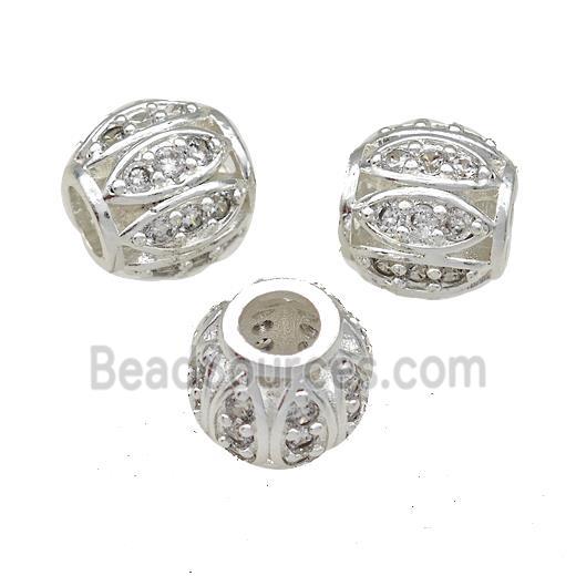 Copper Round Beads Pave Zircon Large Hole Shiny Silver Plated