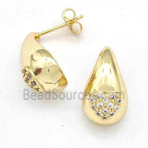 Copper Teardrop Stud Earrings Pave Zirconia Hollow Gold Plated