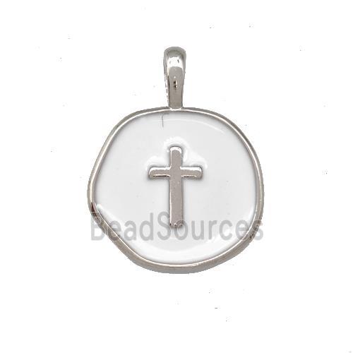 Copper Circle Pendant Cross White Enamel Platinum Plated