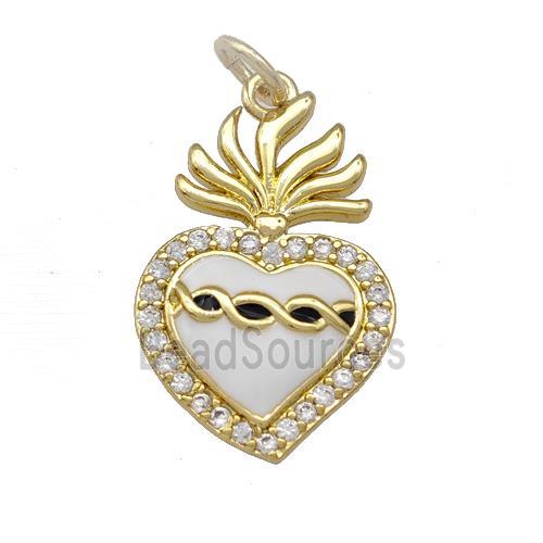 Copper Heart Pendant Micro Pave Zirconia White Enamel Gold Plated