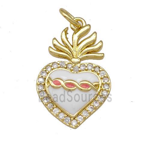 Copper Heart Pendant Micro Pave Zirconia White Enamel Gold Plated