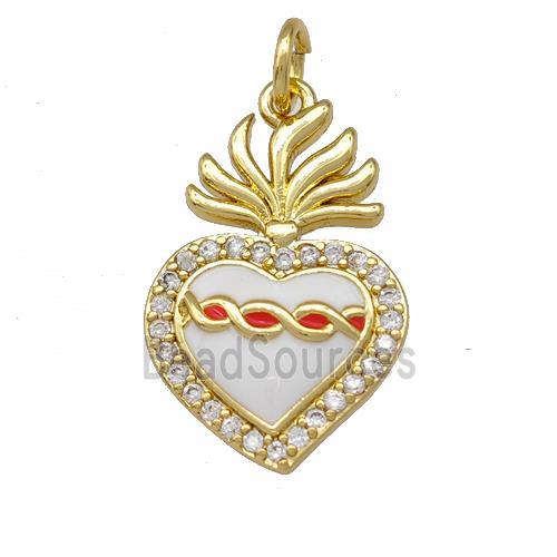 Copper Heart Pendant Micro Pave Zirconia White Enamel Gold Plated