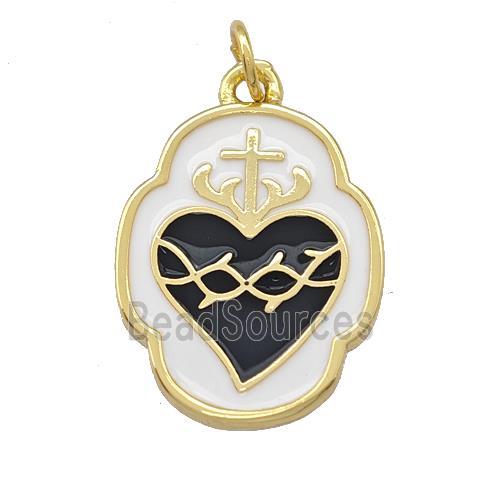 Copper Heart Pendant Black White Enamel Gold Plated