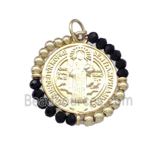 Jesus Charms Copper Circle Pendant With Black Crystal Glass Wrapped Gold Plated