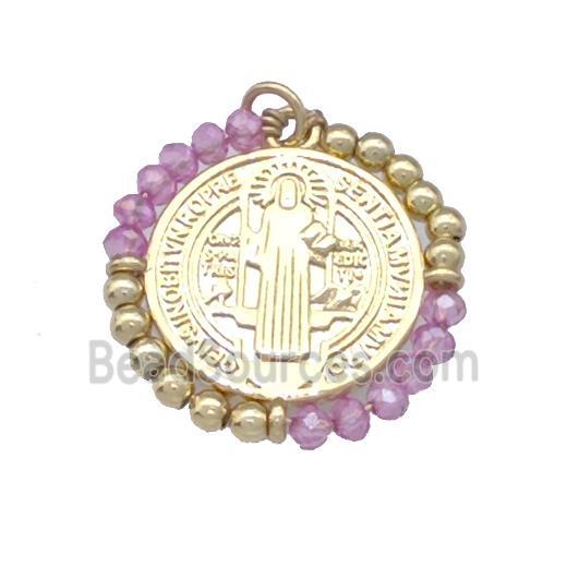 Jesus Charms Copper Circle Pendant With Lilac Crystal Glass Wrapped Gold Plated