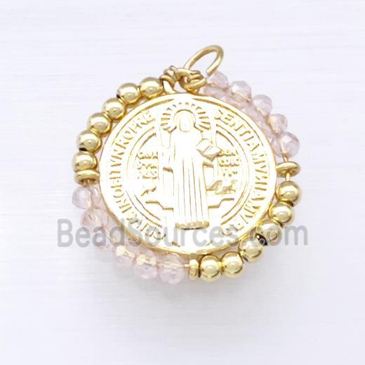 Jesus Charms Copper Circle Pendant With Clear Crystal Glass Wrapped Gold Plated