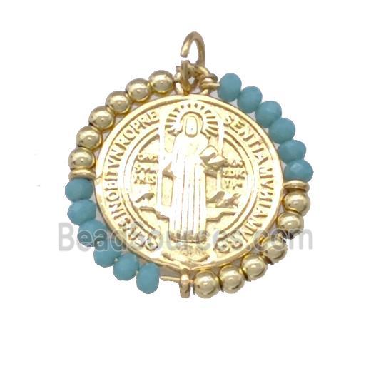 Jesus Charms Copper Circle Pendant With Green Crystal Glass Wrapped Gold Plated