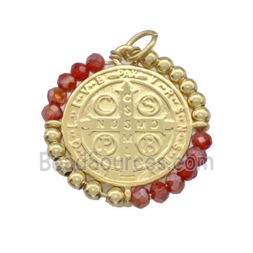 Jesus Charms Copper Circle Pendant With Red Crystal Glass Wrapped Gold Plated