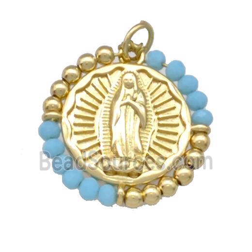 Virgin Mary Charms Copper Circle Pendant With Blue Crystal Glass Wrapped Gold Plated