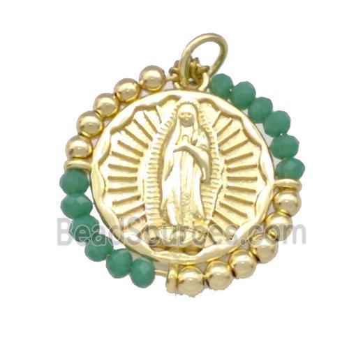 Virgin Mary Charms Copper Circle Pendant With Green Crystal Glass Wrapped Gold Plated