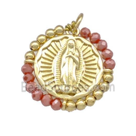 Virgin Mary Charms Copper Circle Pendant With Red Crystal Glass Wrapped Gold Plated