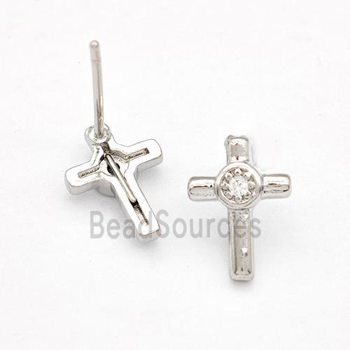 Copper Cross Stud Earrings Pave Zirconia Platinum Plated