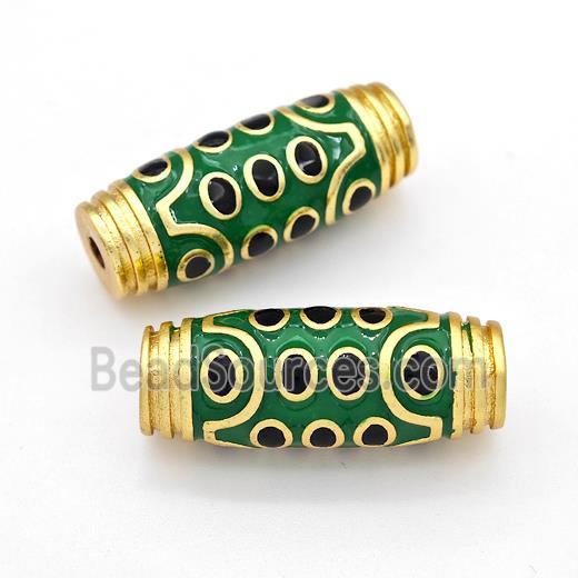 Tibetan Style Copper Barrel Beads Eye Green Enamel Gold Plated