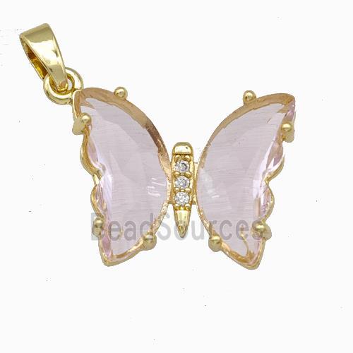 Pink Chinese Crystal Glass Butterfly Pendant Gold Plated