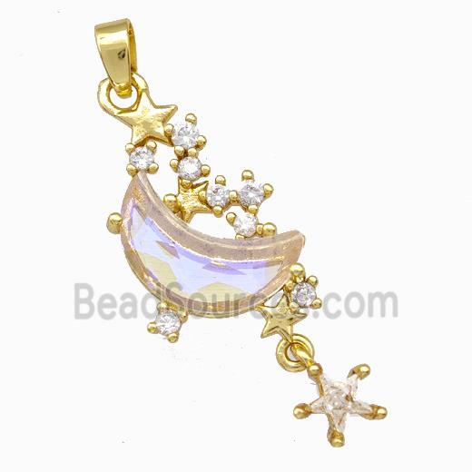 Copper Pendant Pave Zirconia Crystal Glass Moon Gold Plated