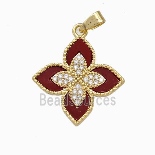 Copper Clover Pendant Pave Zirconia Red Shell Gold Plated