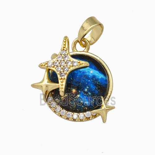 Copper Planet Moon Pendant Pave Zirconia Star Gold Plated