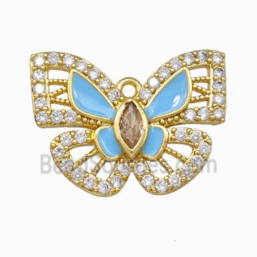 Copper Butterfly Pendant Pave Zircoina Blue Enamel Gold Plated