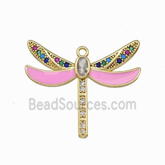 Copper Dragonfly Pendant Pave Zircoina Pink Enamel Gold Plated