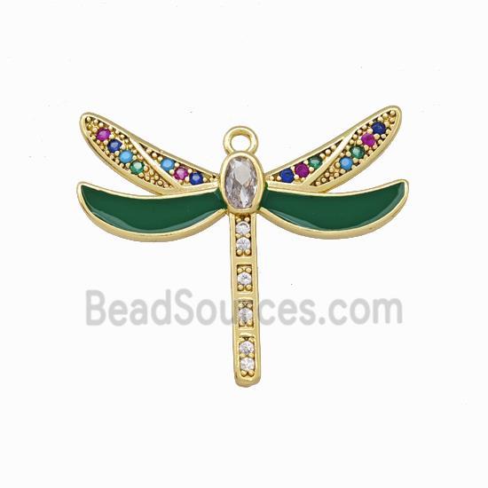 Copper Dragonfly Pendant Pave Zircoina Green Enamel Gold Plated