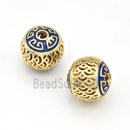 Copper Round Beads Blue Painted Hollow Gold Plated