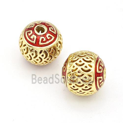 Copper Round Beads Red Painted Hollow Gold Plated