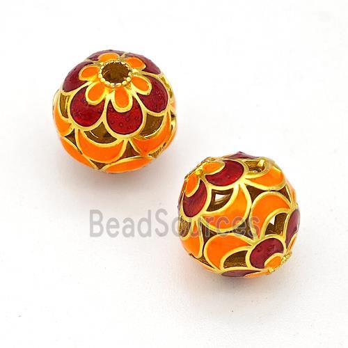 Copper Round Beads Orange Red Painted Hollow Gold Plated