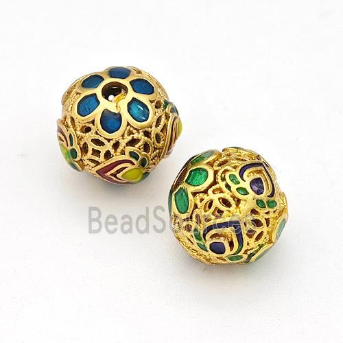 Copper Round Beads Multicolor Painted Hollow Gold Plated