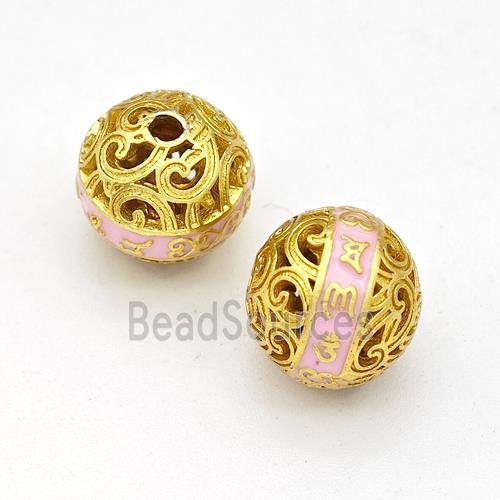 Copper Round Beads Pink Painted Buddhist Hollow Gold Plated