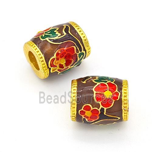 Copper Barrel Beads Multicolor Painted Flower Large Hole Gold Plated